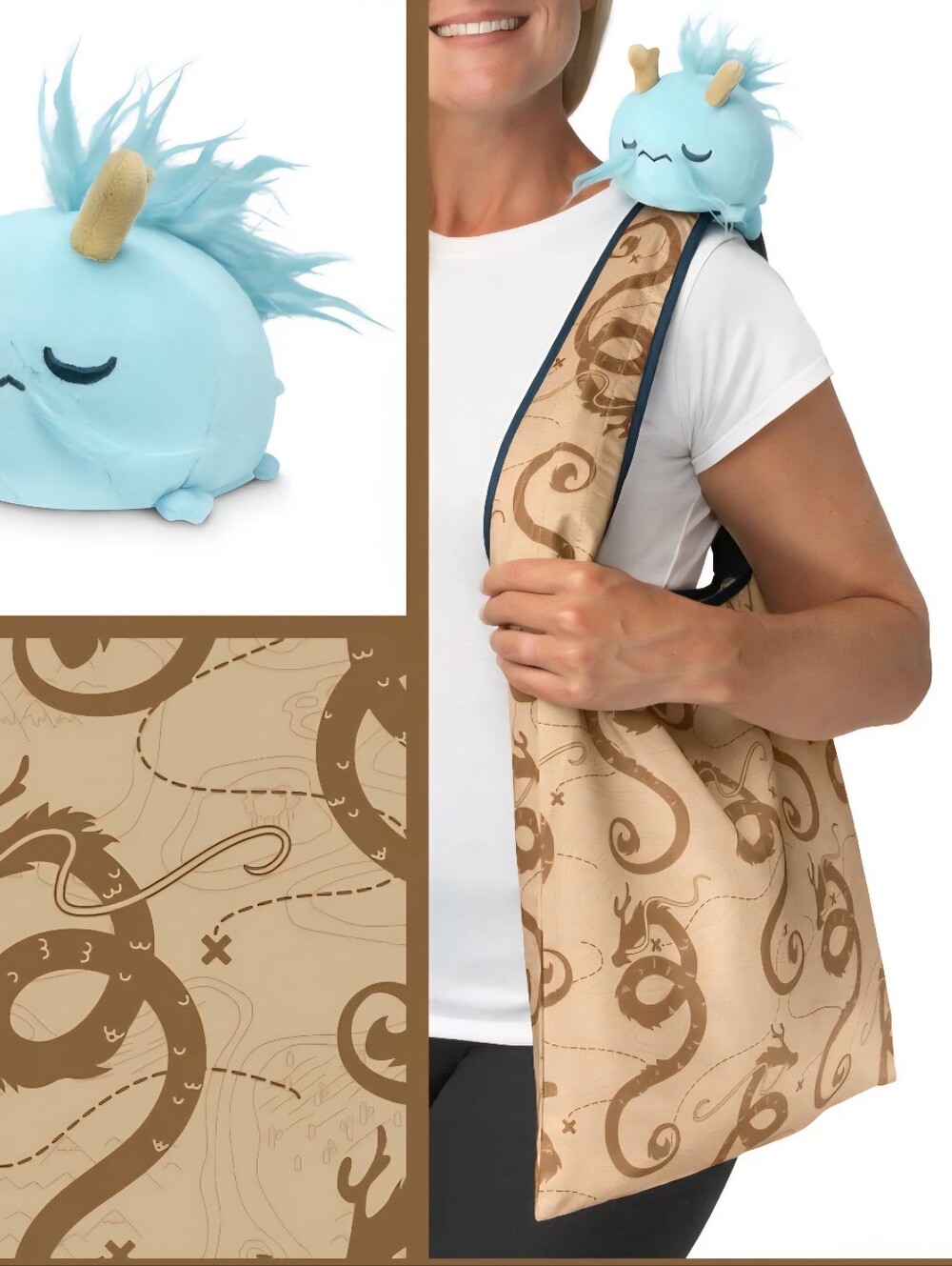 Teeturtle Plushie Tote Bag Light Blue Dragon Brown Reusable Tote Bag Nwt